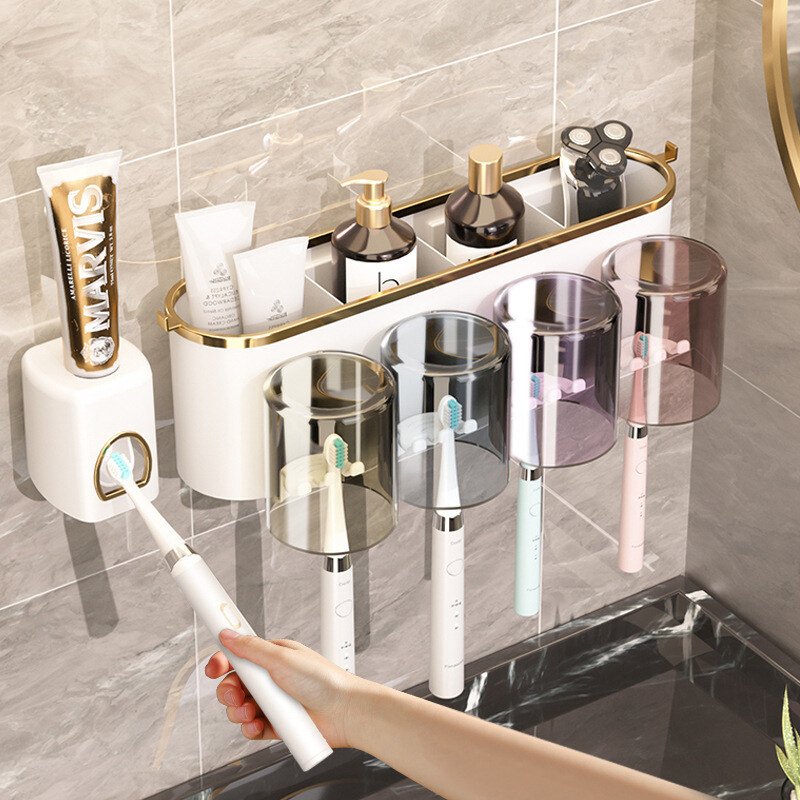 Toothbrush Holder Wall Toothpaste Squeezer Shaver Dispenser Bathroom Cup Storage Rack No Drill Rak Berus Gigi Bilik Air
